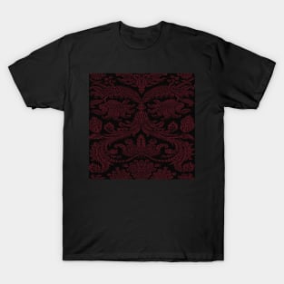 Burgundy on Black Gothic Royal Medieval Damask Scrolls T-Shirt